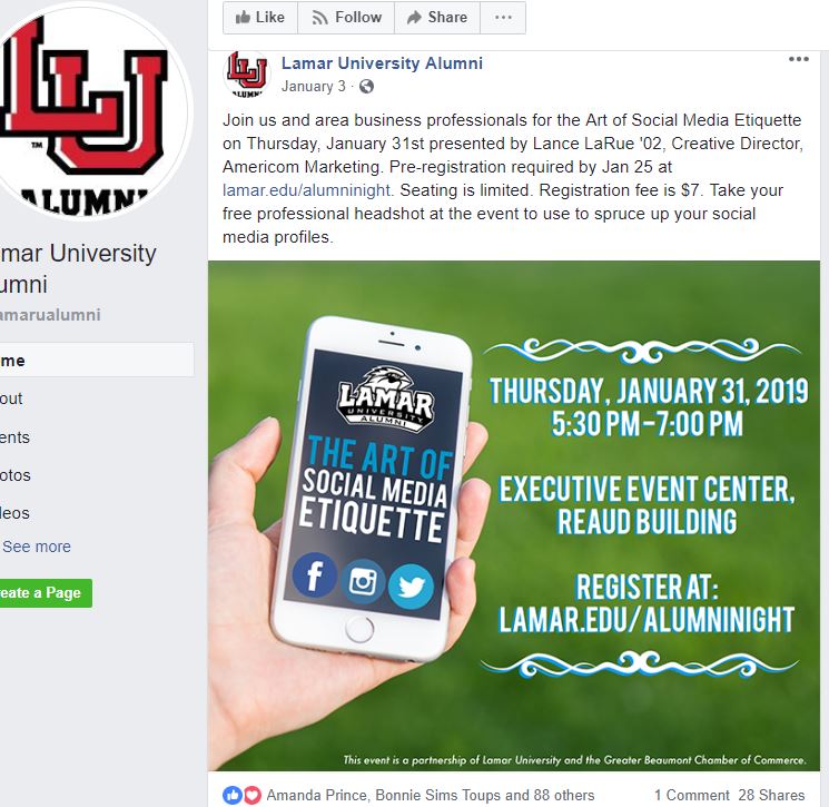 Lamar University Alumni Facebook Page Post